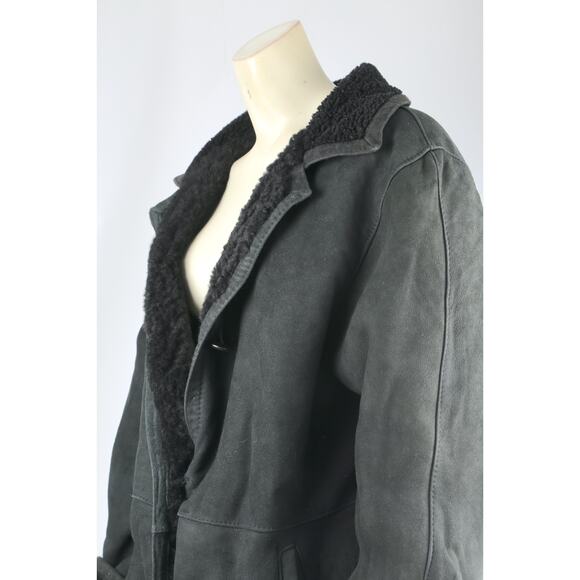 Vintage Dark Green Shearling Suede Coat Warm Winter Leather Trim Jacket Size M - Picture 10 of 16
